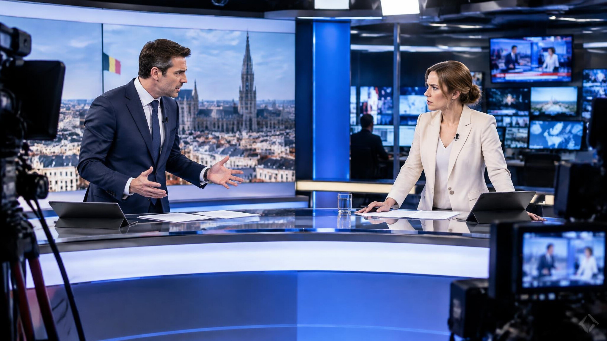 Tense moment between two presenters in a television studio during a live broadcast
