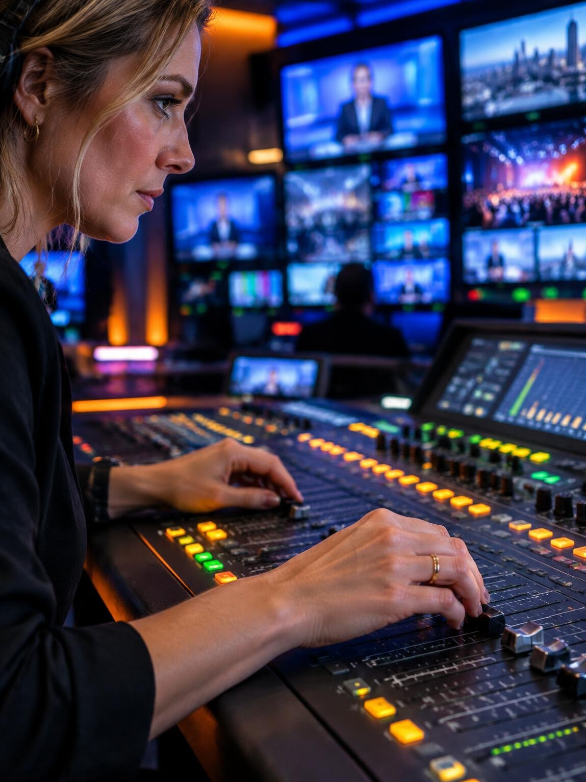Hands adjusting an audio mixing console during a live broadcast