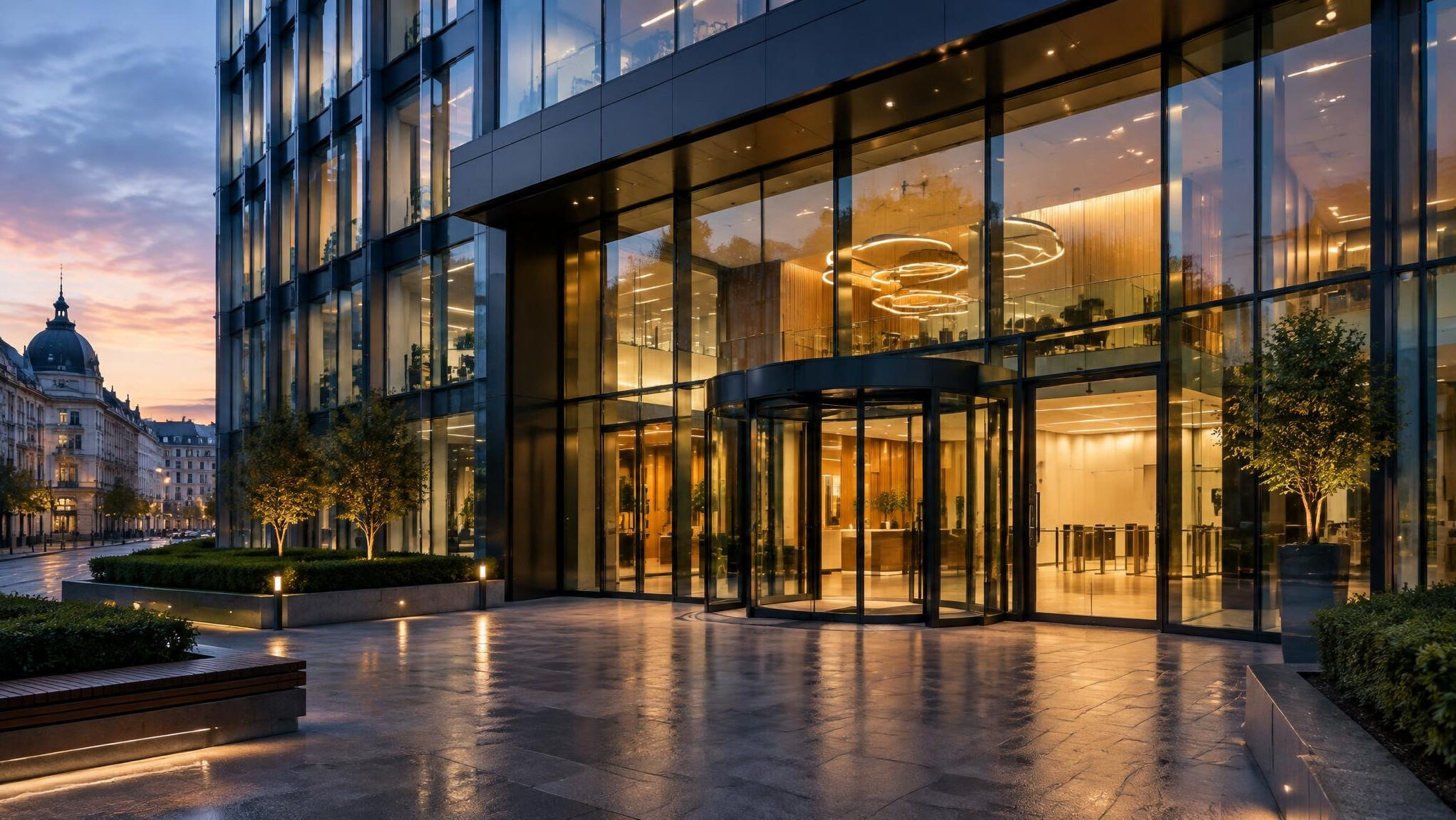 Modern glass office building entrance at dusk